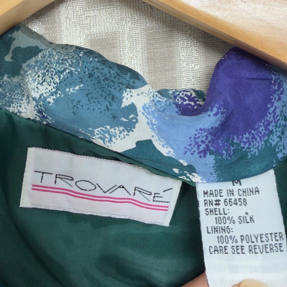 Trovare Vintage 100% Silk Abstract Watercolor Bomber Jacket Blue Purple Womens M - Picture 5 of 8